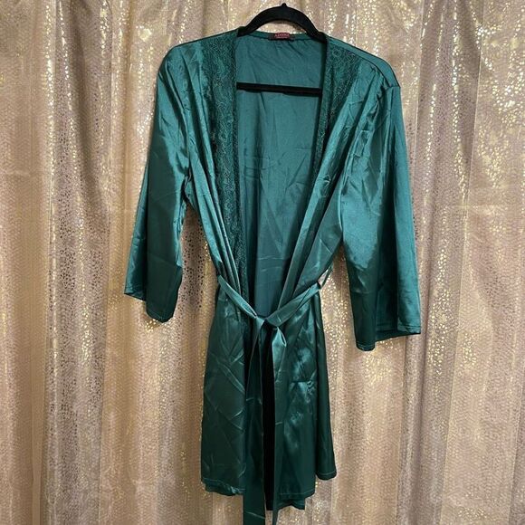 Adome Dark Emerald Green Short Satin Silky Kimono Robe, Large - Picture 1 of 9